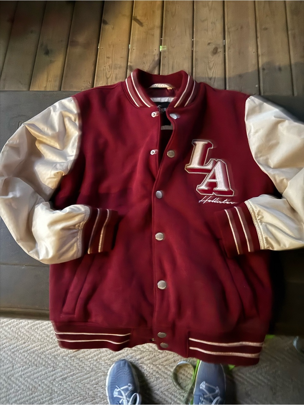 Hollister Maroon and Cream LA Varsity Jacket